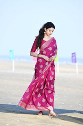 'Ruhani' Magenta Rose Pure Resham Cotton Banarasi Handloom Saree